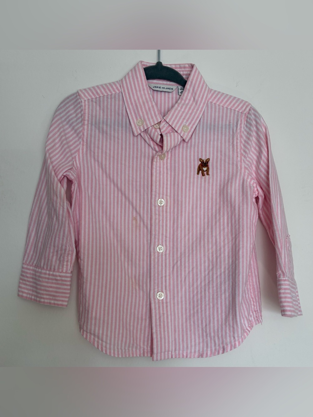 Janie and Jack Pink Striped Button-Up Shirt with Embroidered Dog 12-18M
